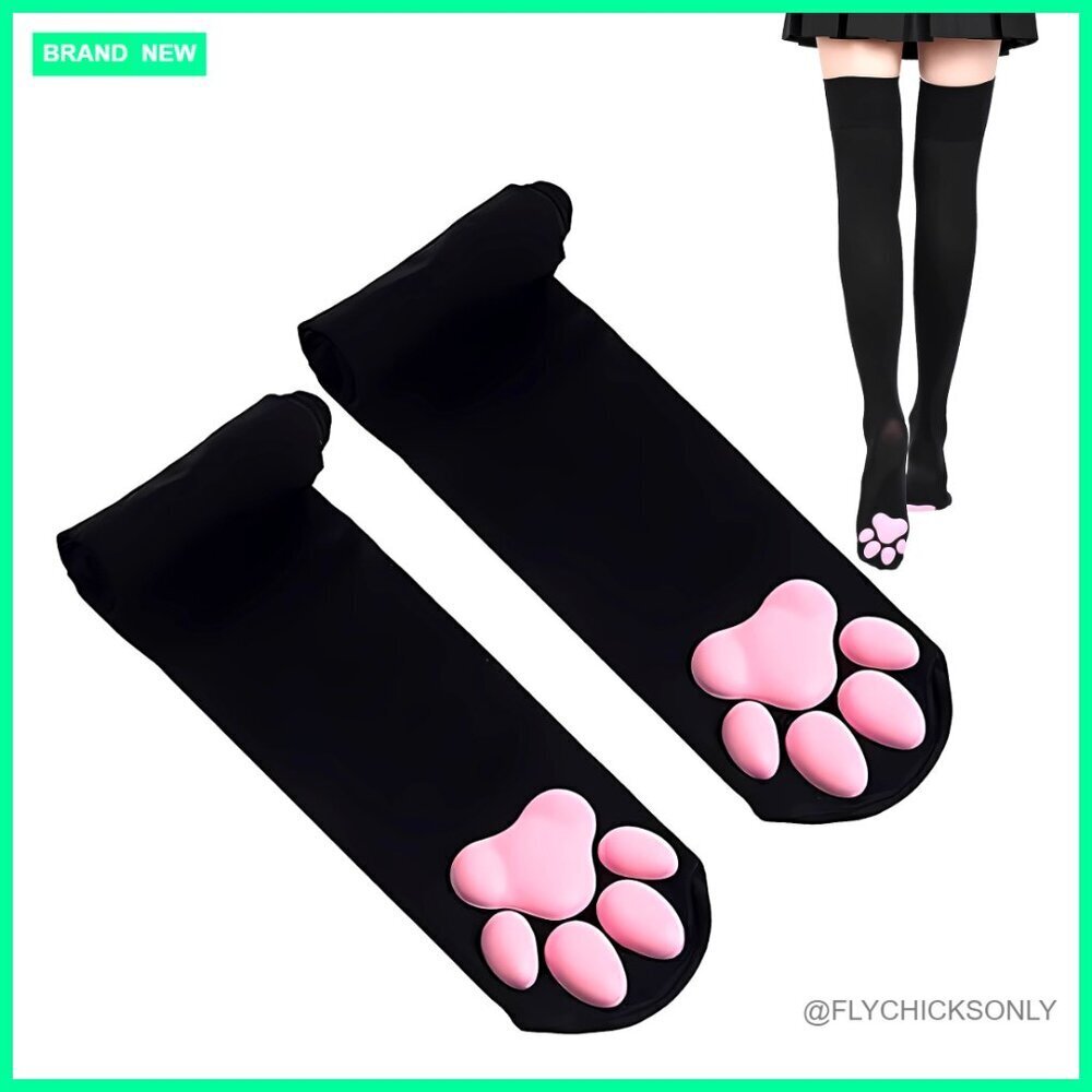 Cat Paw Thigh High Socks with 3D Toe Beans, Soft Velvet Material, Medium Size